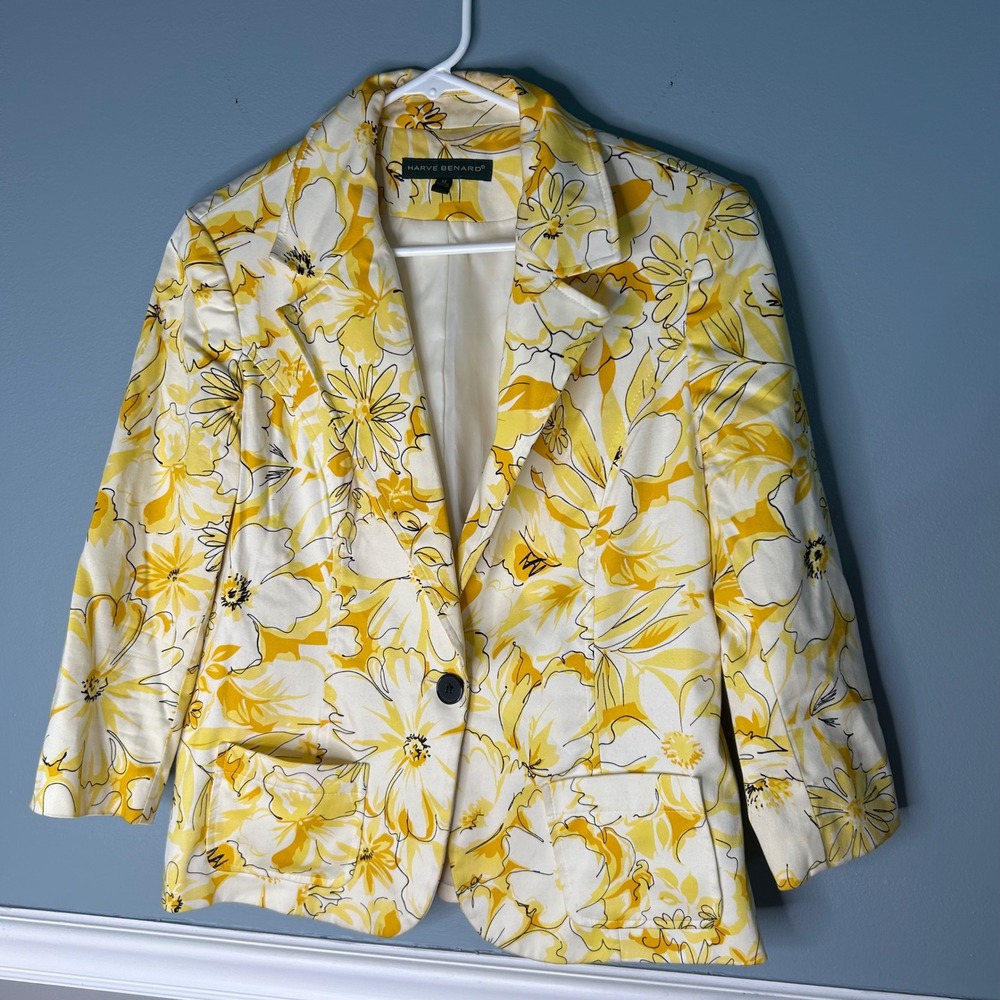 Harve Benard Yellow Floral Single Button 3/4 Sleeve Blazer Jacket Womens Size M